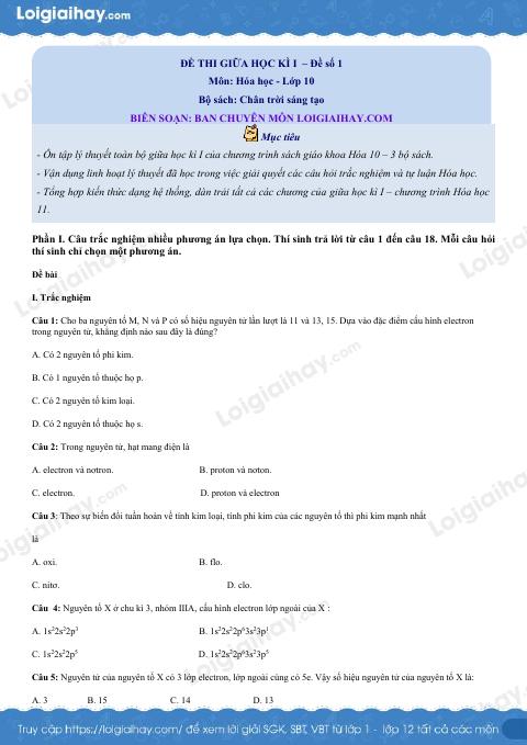Đề thi giữa kì 1 Hóa 10 Chân trời sáng tạo - Đề số 1